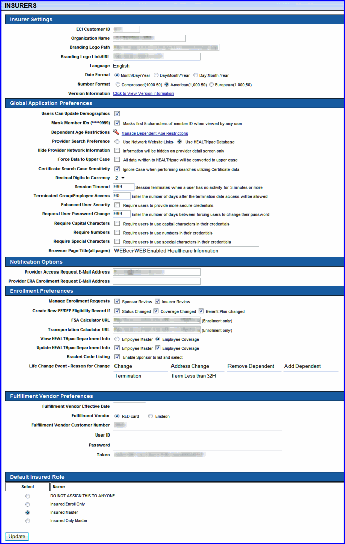 WEBeci Insurer Settings Screen